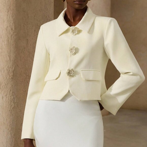 Yellow Elegant Women's Formal Blazer with Ornate Floral Details - Picture 6 of 7